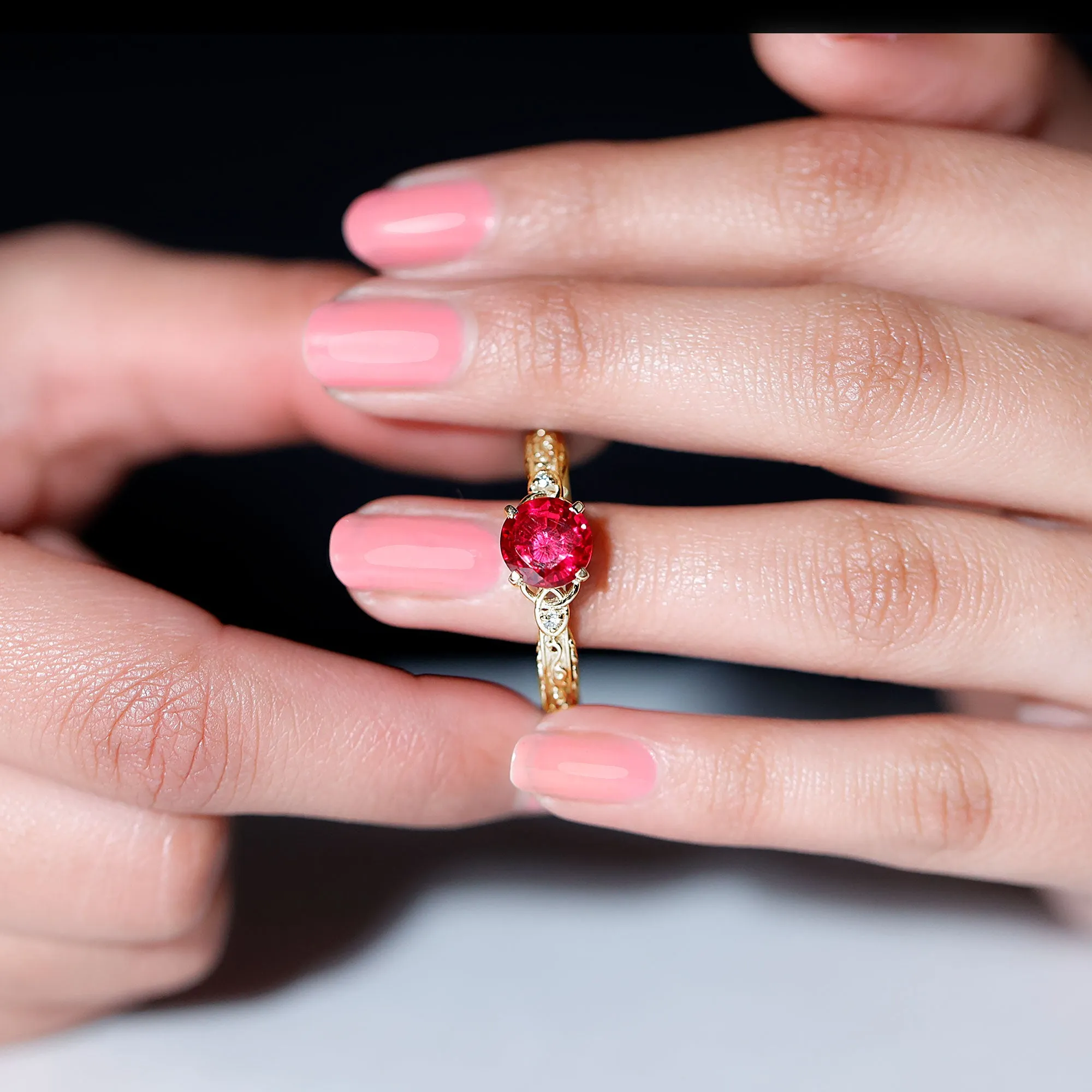 Solitaire Created Ruby Celtic Knot Ring with Diamond
