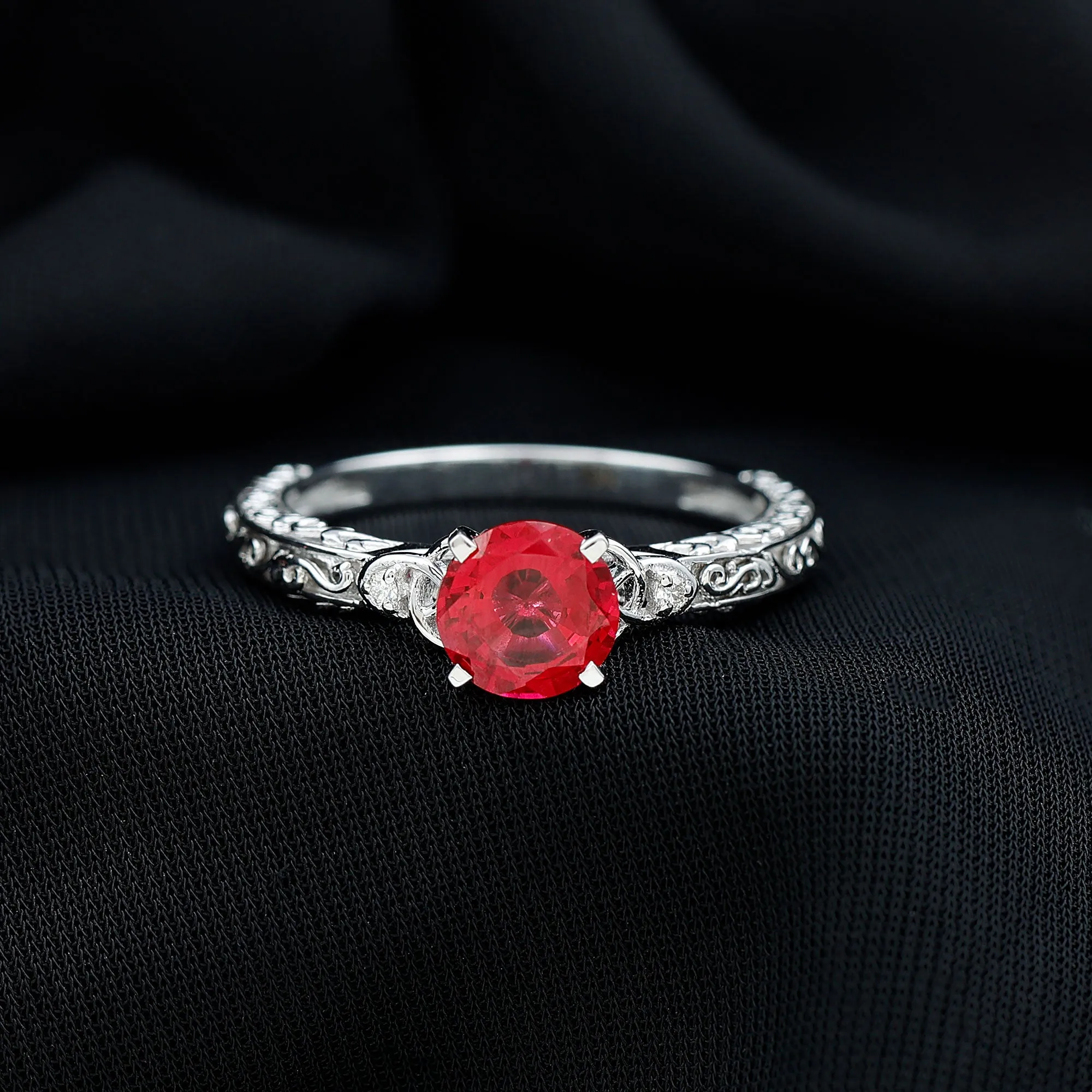 Solitaire Created Ruby Celtic Knot Ring with Diamond