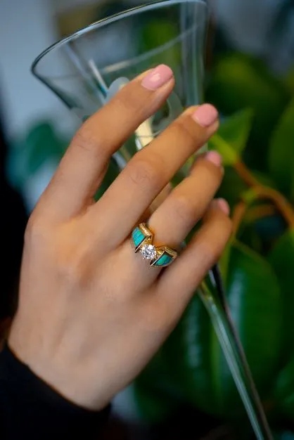 Southwestern Bridal 1.40 ctw GIA Certified Diamond and Opal Inlay Ring