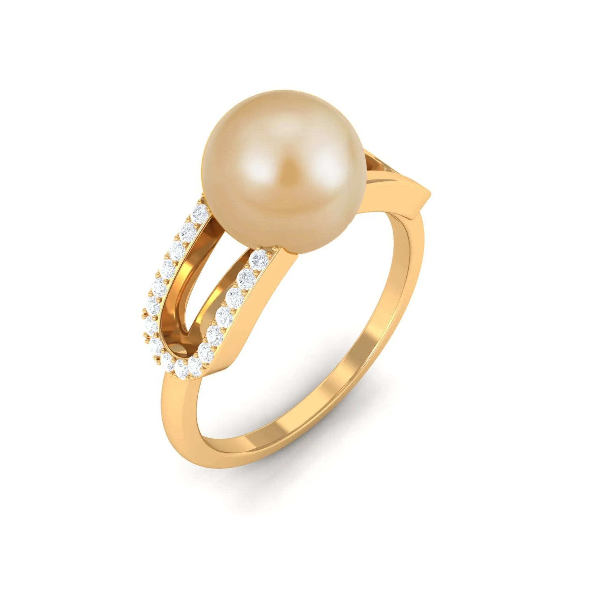 Split Shank South Sea Pearl Solitaire Engagement Ring with Diamond