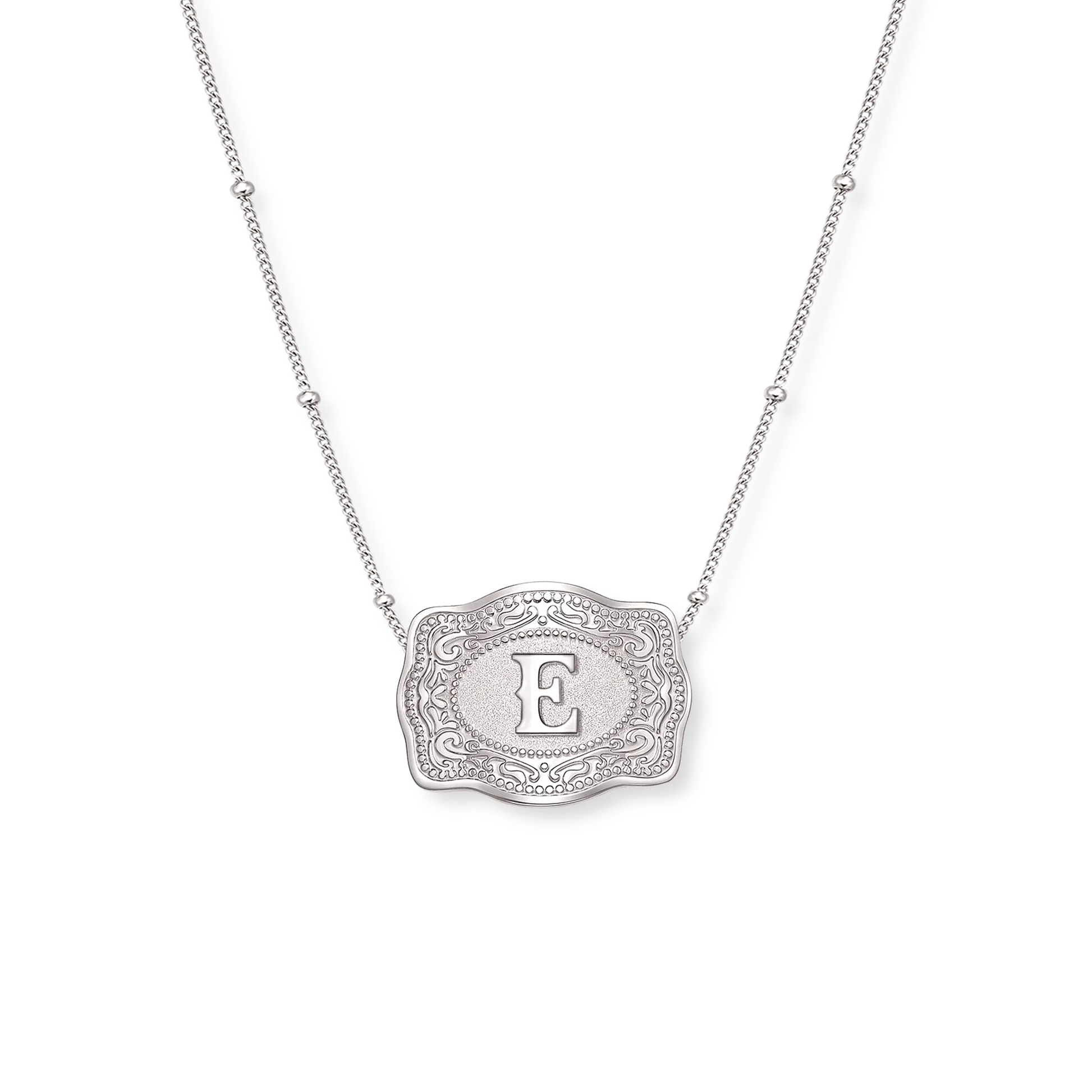 SpurWest Trading Co. Original Embossed Silver Initial Mini Belt Buckle Beaded Chain Necklace