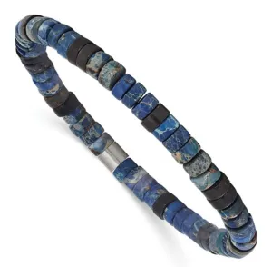 Stainless Steel Brushed Blue Sediment and Black Agate Beaded Stretch Bracelet (SI3609)