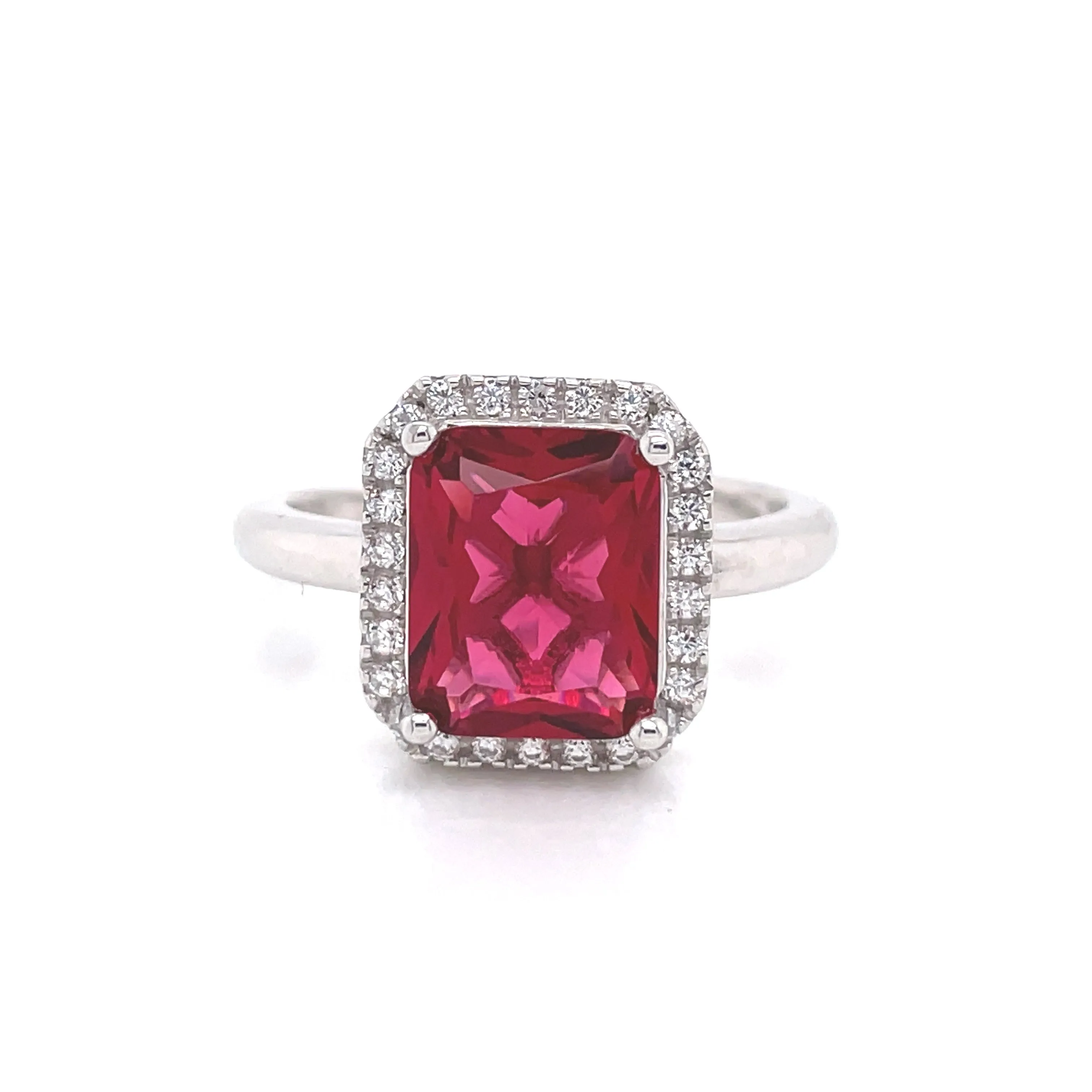 Sterling Silver Emerald Cut CZ Ruby Ring