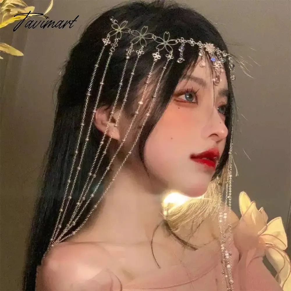 Tavimart Hair Ornament Fashion Retro Water Drop Hairpin Rhinestone Long Tassel Shiny Crystal Headband Women Simple Hair Accessories
