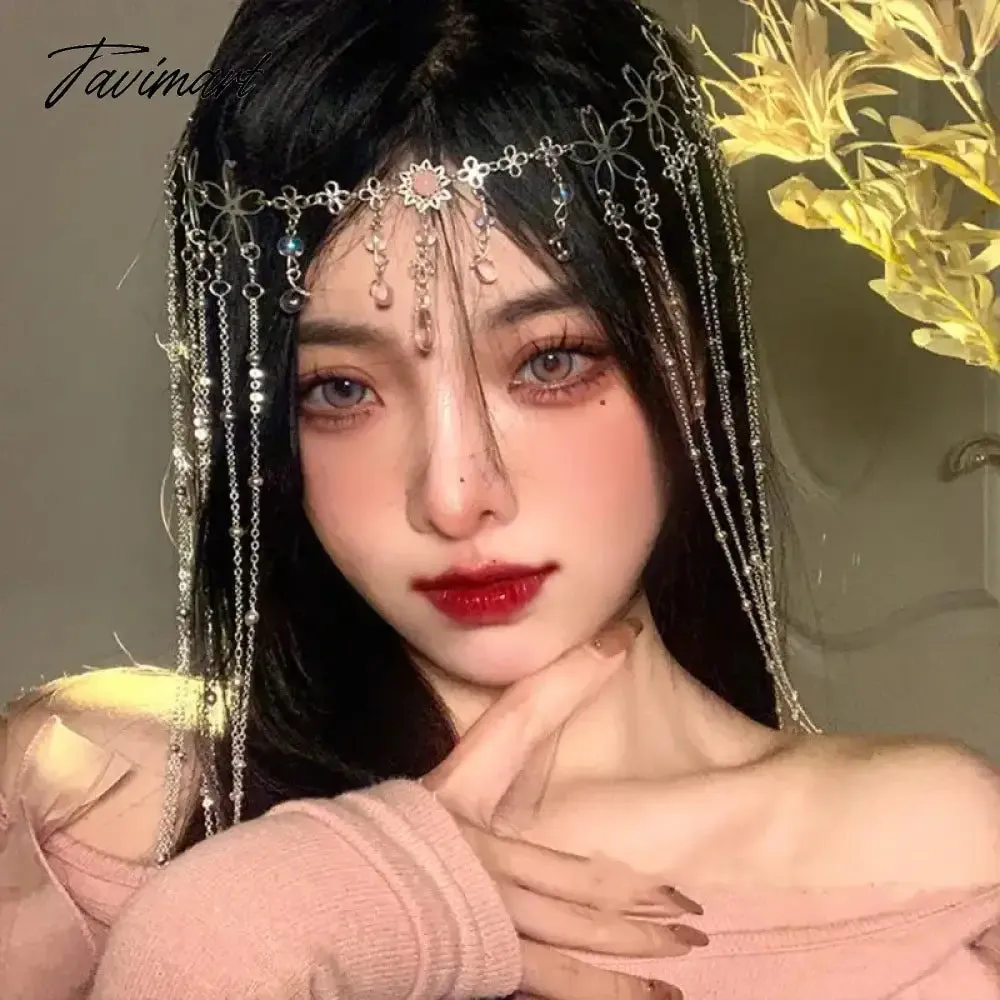 Tavimart Hair Ornament Fashion Retro Water Drop Hairpin Rhinestone Long Tassel Shiny Crystal Headband Women Simple Hair Accessories