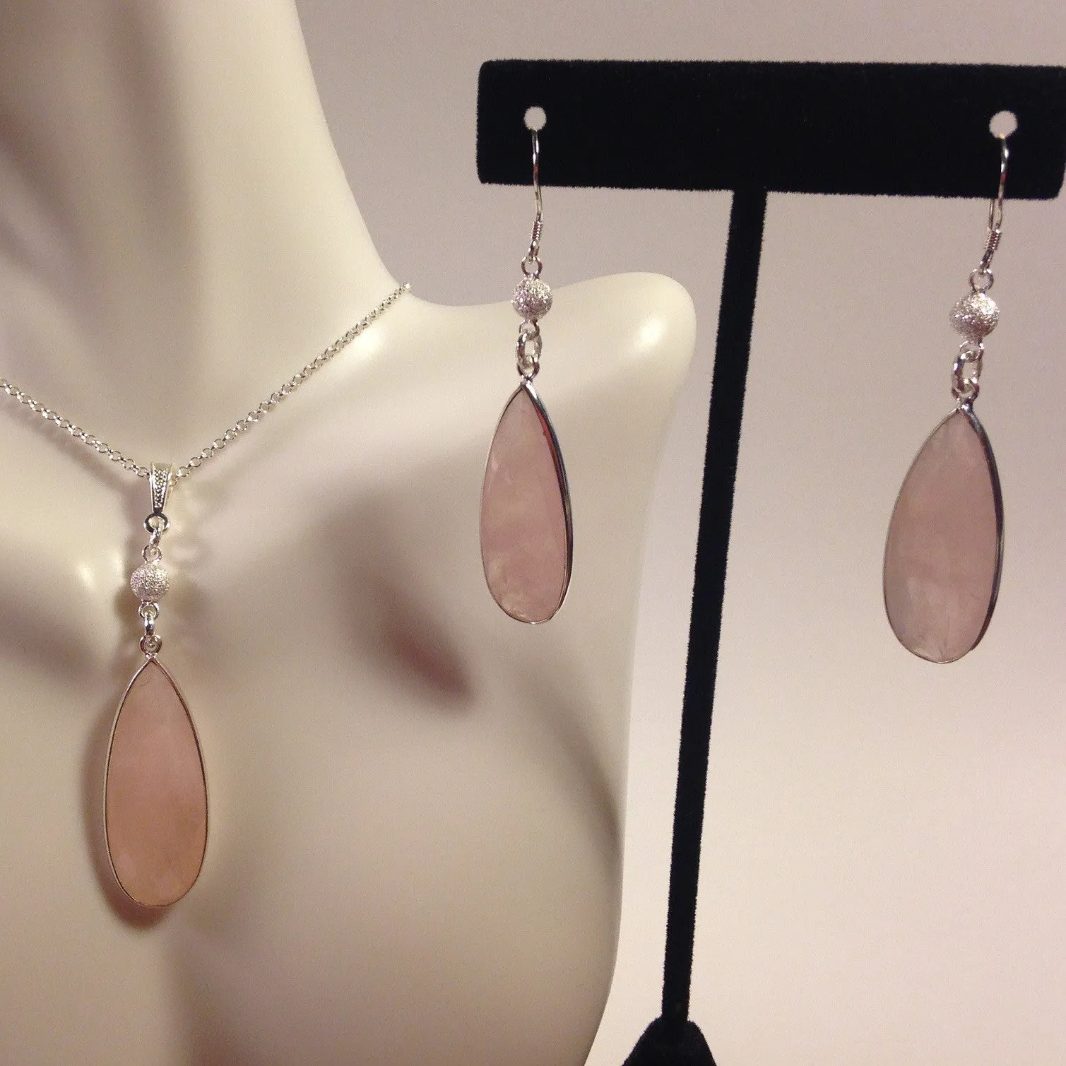 Teardrop Rose Quartz Silver Jewelry Set