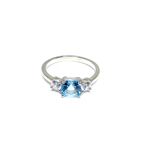 Three Stone Blue Cushion Sterling Silver Engagement Ring