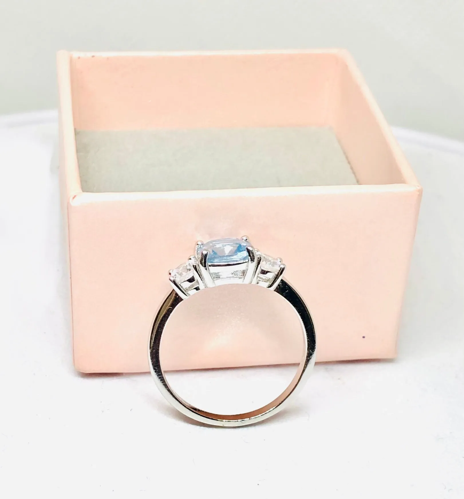 Three Stone Blue Cushion Sterling Silver Engagement Ring