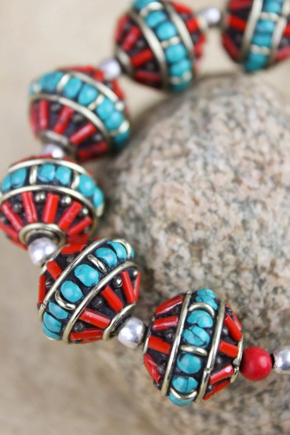 Traditional Turquoise and Coral Large Bead Bracelet
