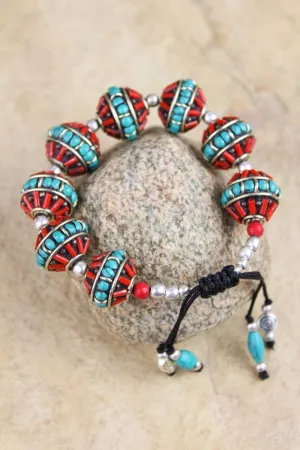Traditional Turquoise and Coral Large Bead Bracelet