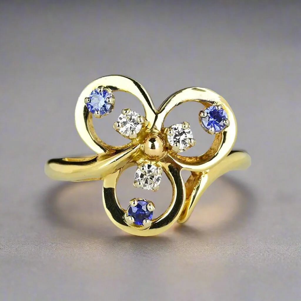 Vintage 14K Gold Diamond Sapphire Three Leaf Clover Ring