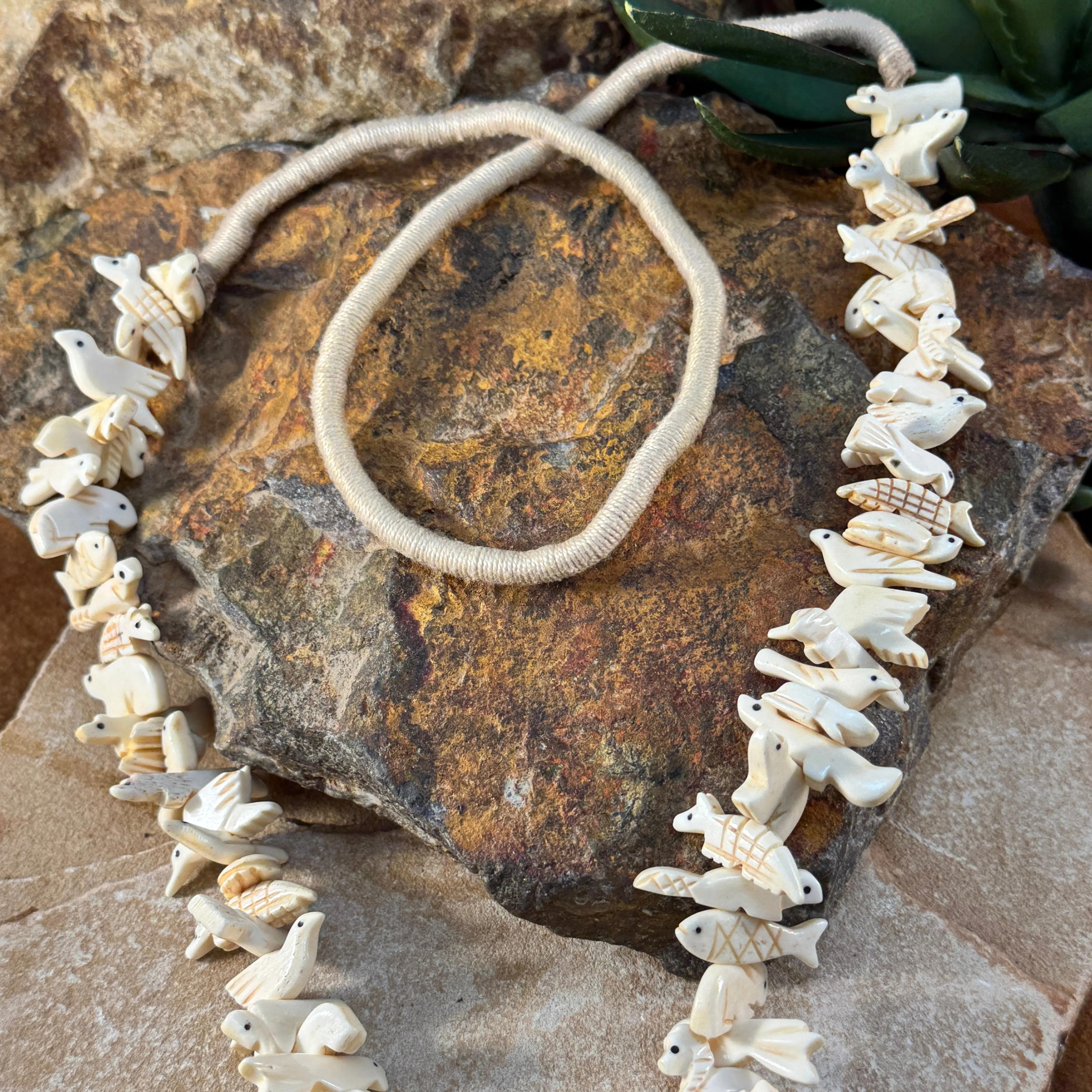 Vintage 24" Walrus Tusk Carved Fetish Necklace with Bear - Estate Jewelry