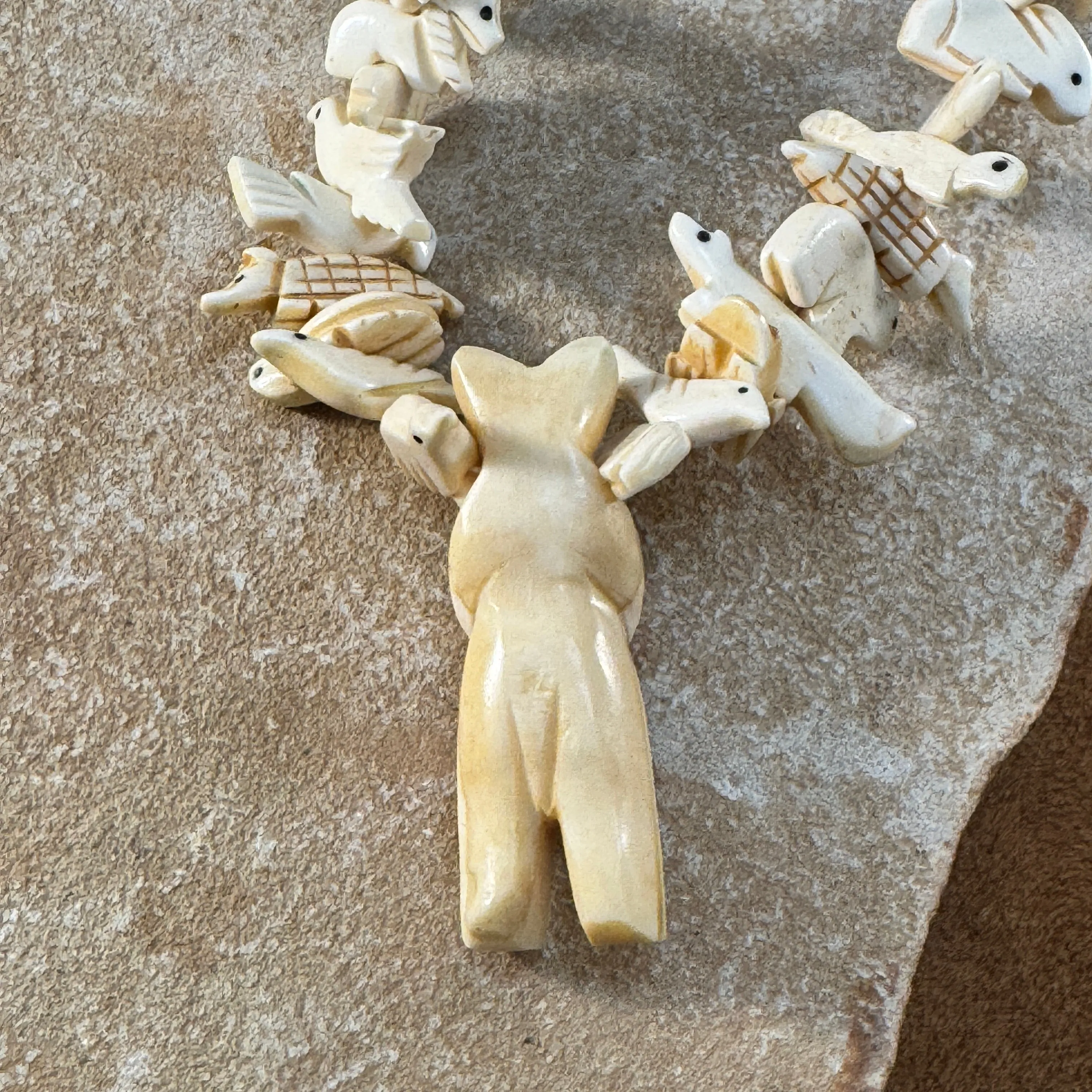 Vintage 24" Walrus Tusk Carved Fetish Necklace with Bear - Estate Jewelry