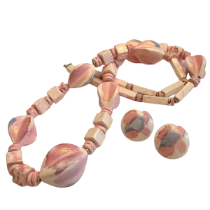 Vintage Ceramic Chunky Beaded Necklace with Earrings - Pink and Earth Tones
