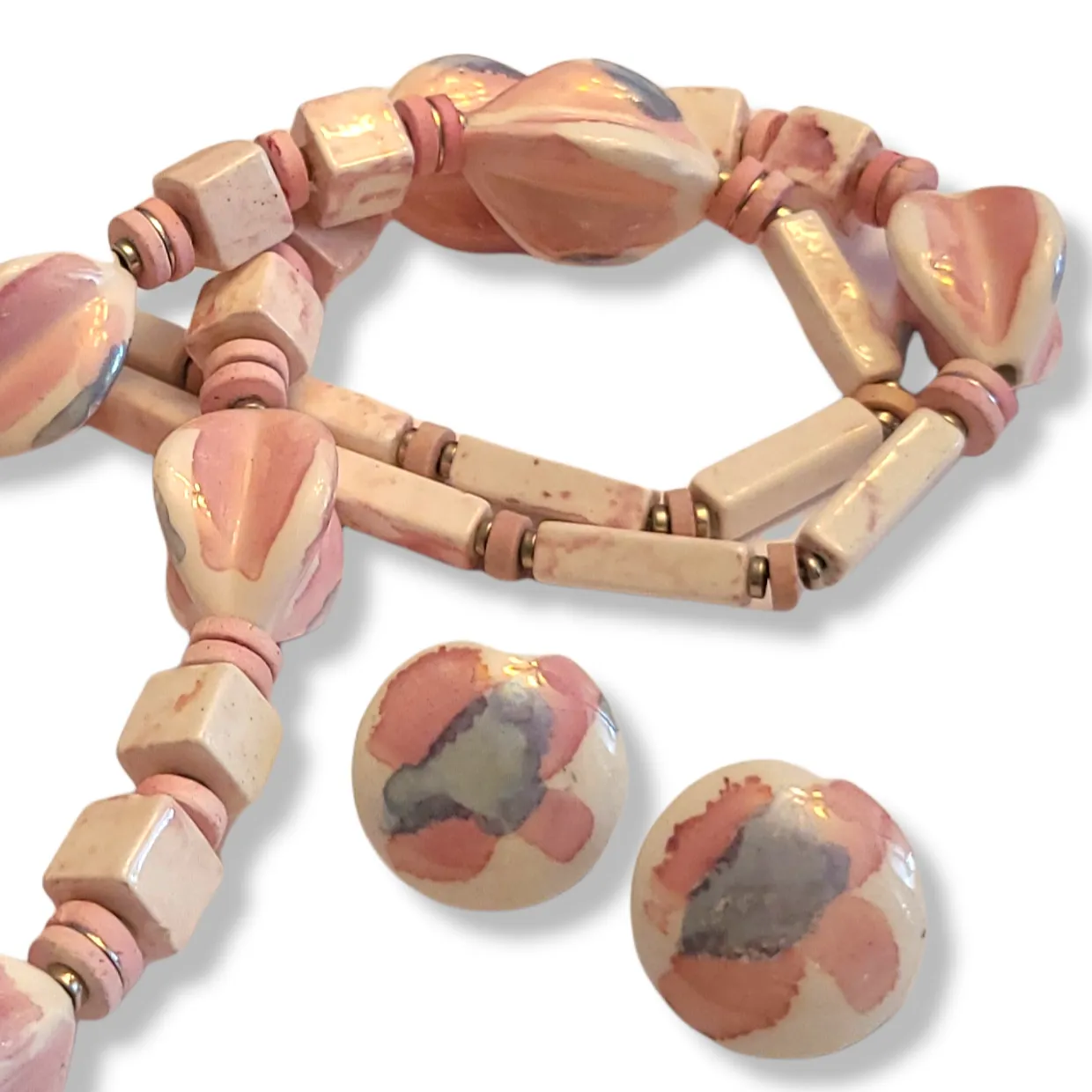 Vintage Ceramic Chunky Beaded Necklace with Earrings - Pink and Earth Tones