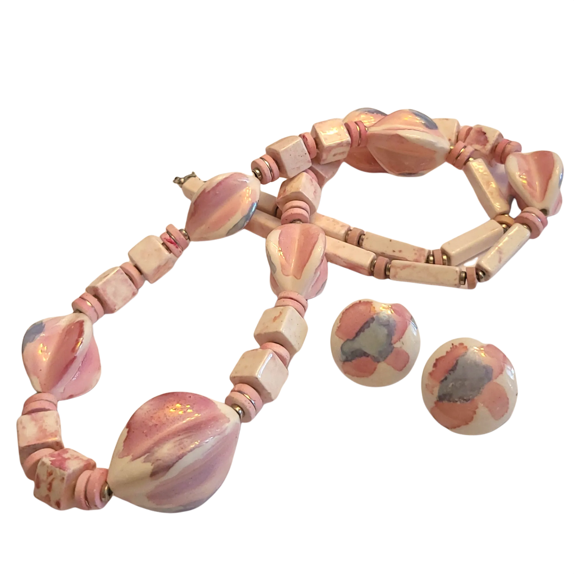 Vintage Ceramic Chunky Beaded Necklace with Earrings - Pink and Earth Tones