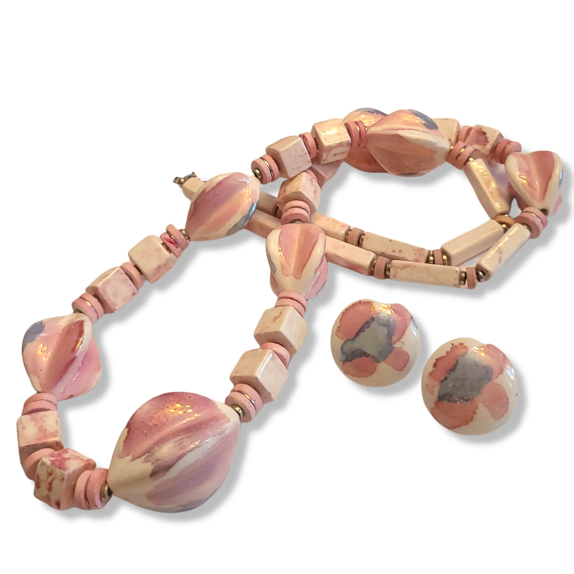 Vintage Ceramic Chunky Beaded Necklace with Earrings - Pink and Earth Tones