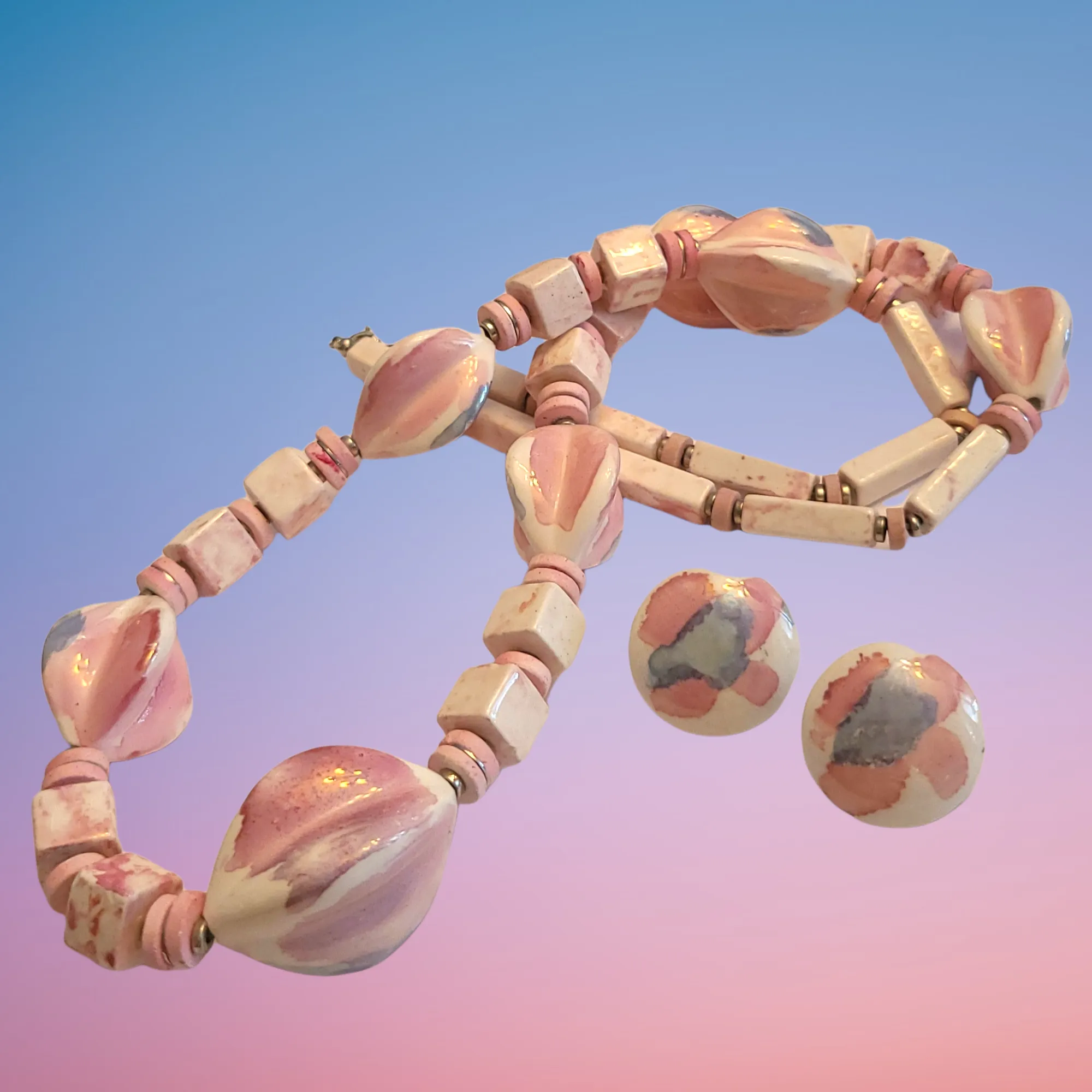 Vintage Ceramic Chunky Beaded Necklace with Earrings - Pink and Earth Tones