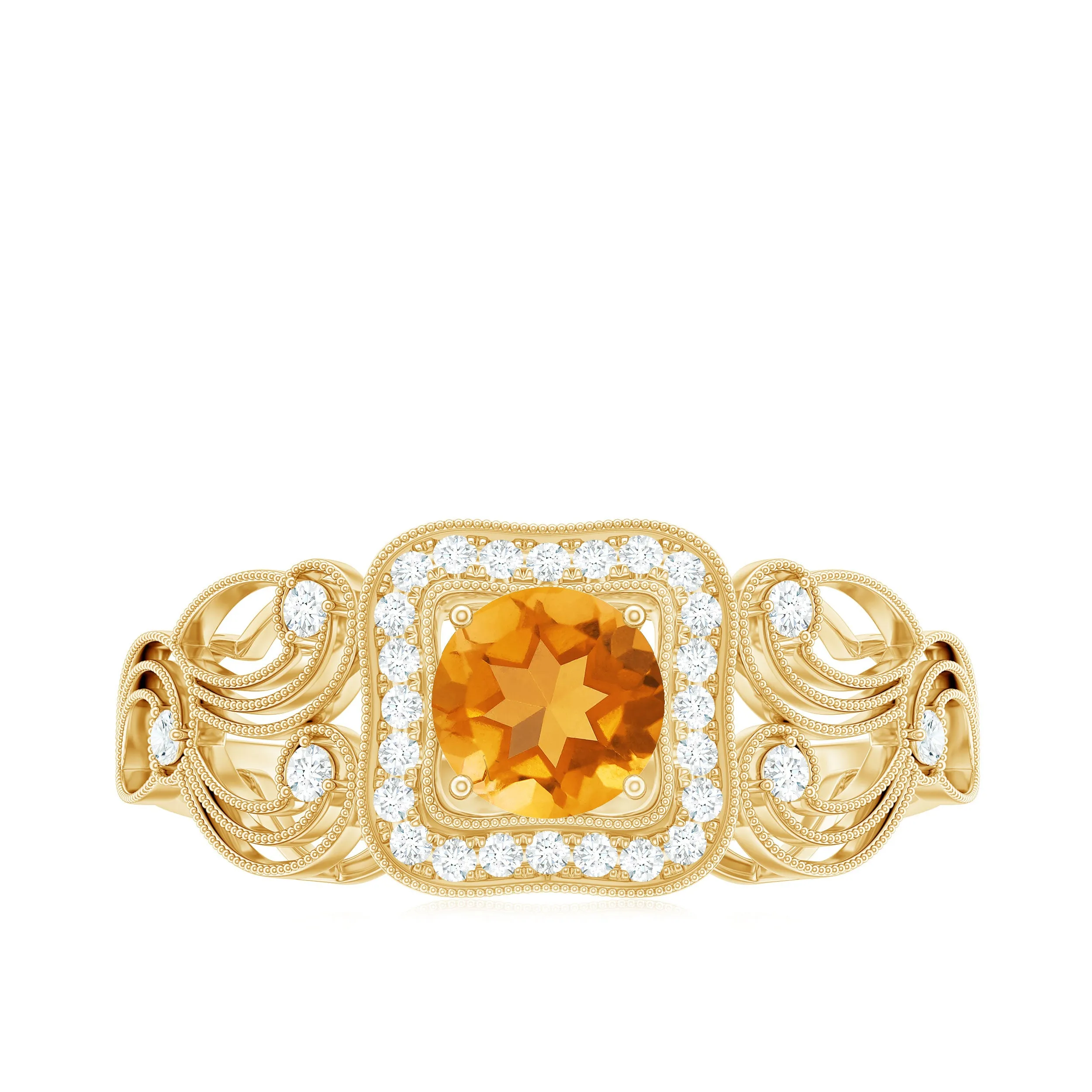 Vintage Citrine and Diamond Milgrain Engagement Ring