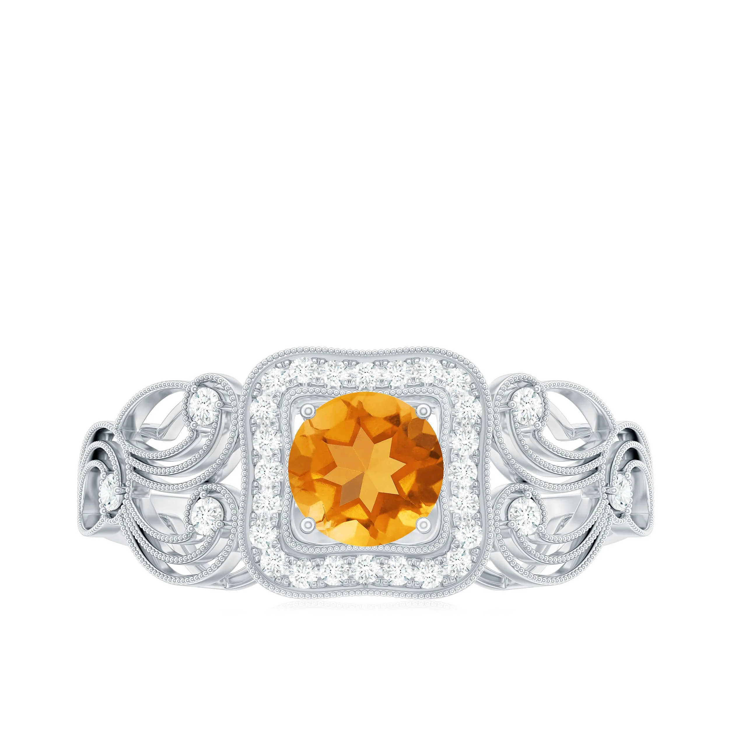 Vintage Citrine and Diamond Milgrain Engagement Ring