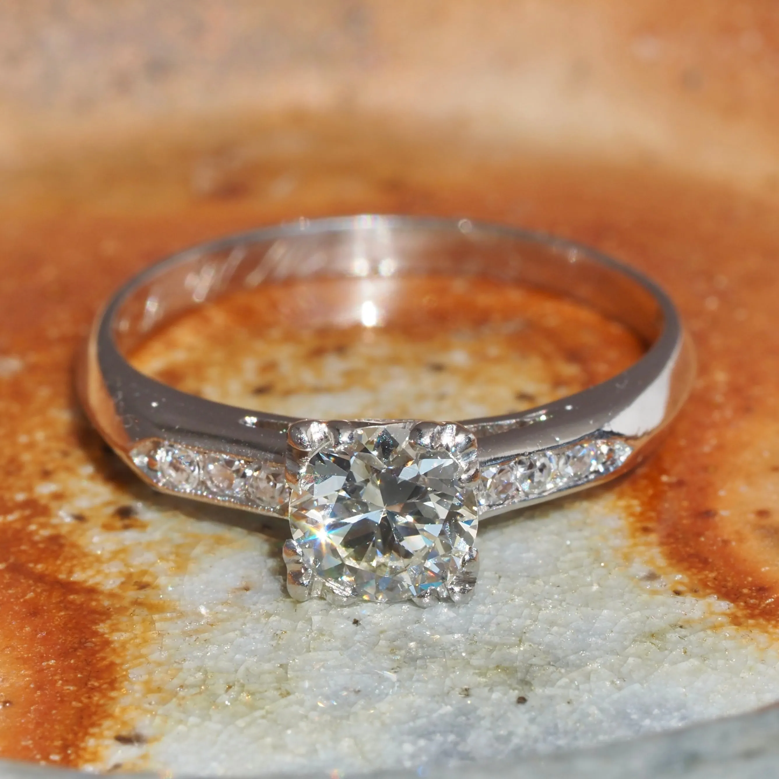 Vintage Platinum Early Modern Brilliant Transitional Cut Diamond Engagement Ring