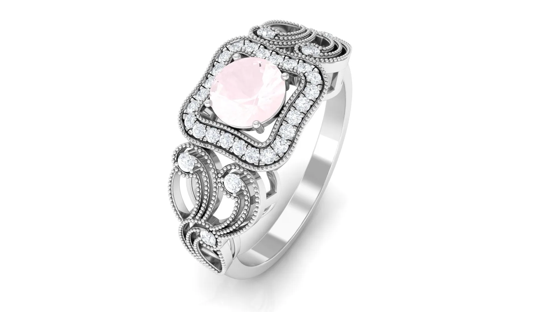Vintage Rose Quartz and Diamond Milgrain Engagement Ring
