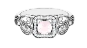 Vintage Rose Quartz and Diamond Milgrain Engagement Ring