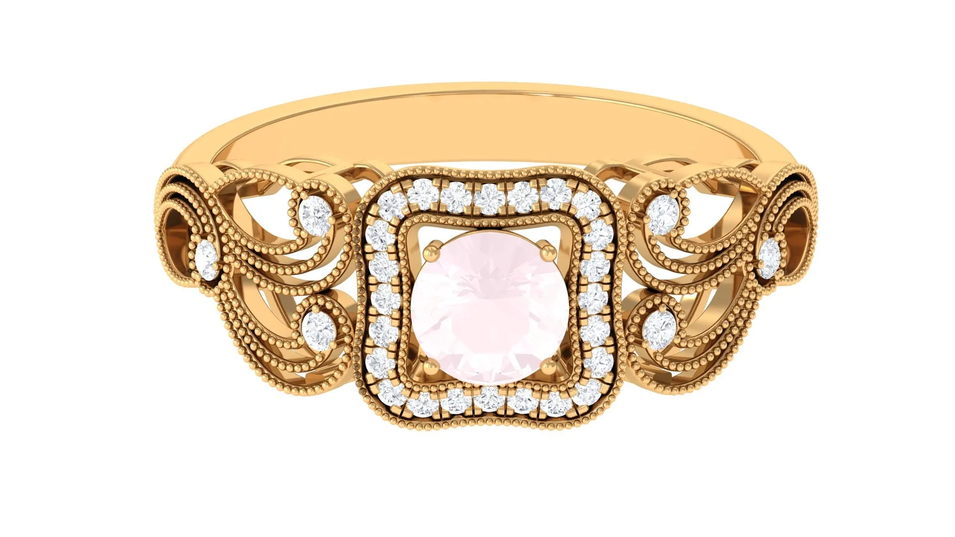Vintage Rose Quartz and Diamond Milgrain Engagement Ring