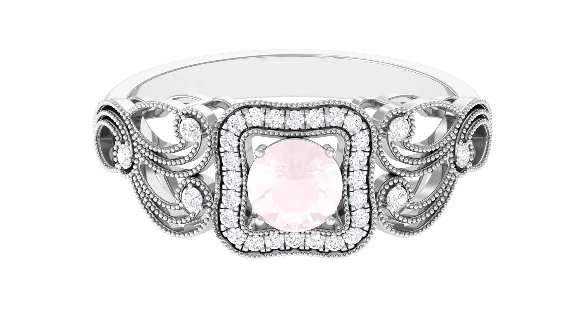 Vintage Rose Quartz and Diamond Milgrain Engagement Ring
