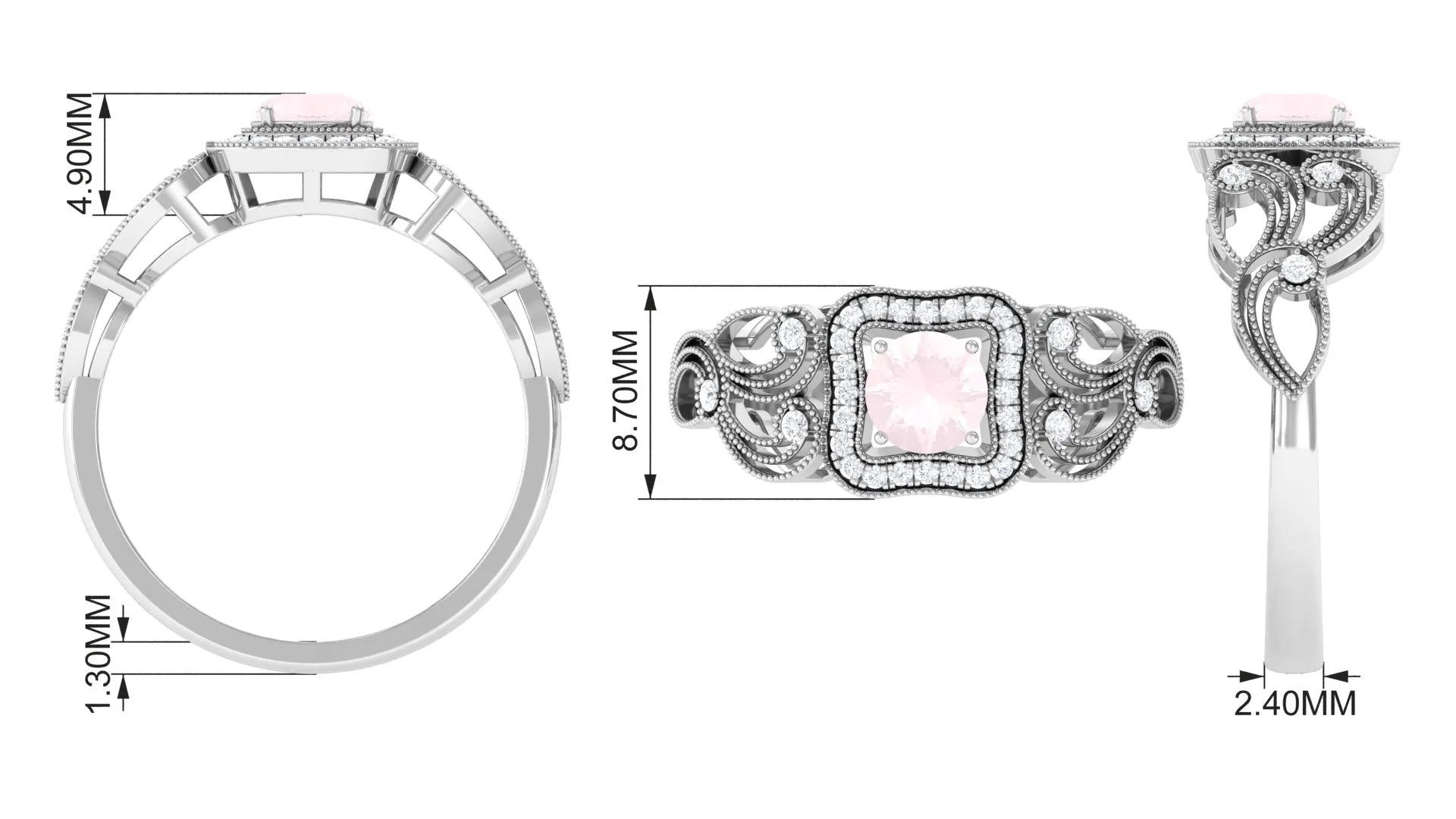 Vintage Rose Quartz and Diamond Milgrain Engagement Ring