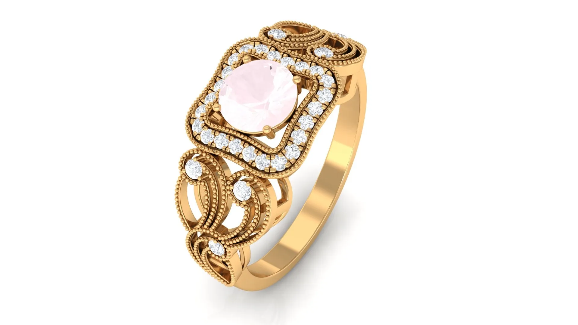 Vintage Rose Quartz and Diamond Milgrain Engagement Ring