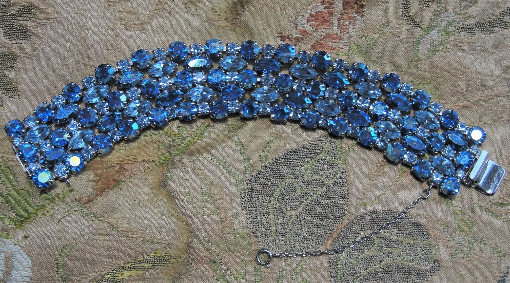 Vintage SHERMAN 5 Row Bracelet,Prong Set,BLUE Brilliant Rhinestones,Dazzling Swarovski Crystal,Collectible Glittering Signed Sherman Jewelry