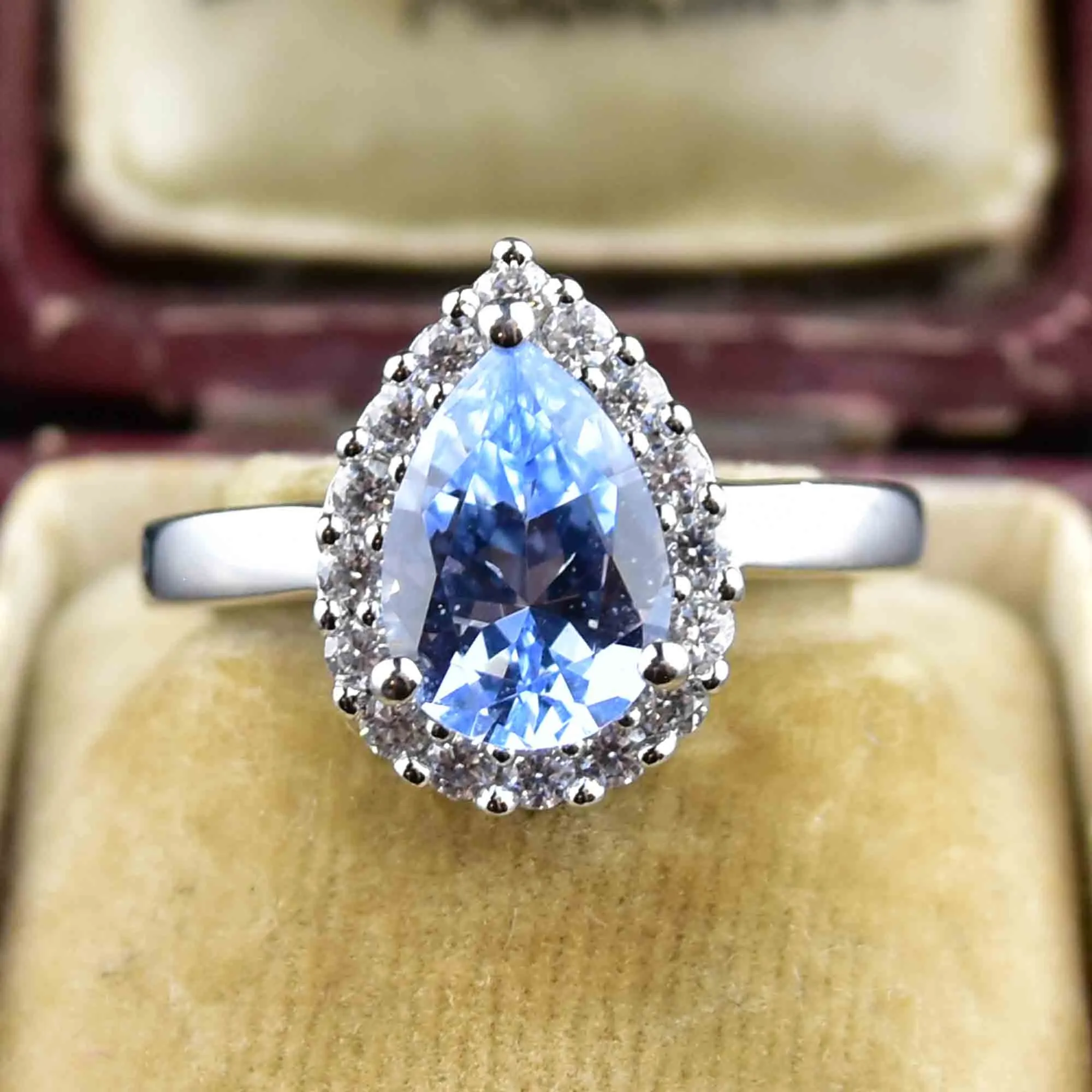 Vintage Sterling Silver Pear Cut Blue Topaz Halo Ring