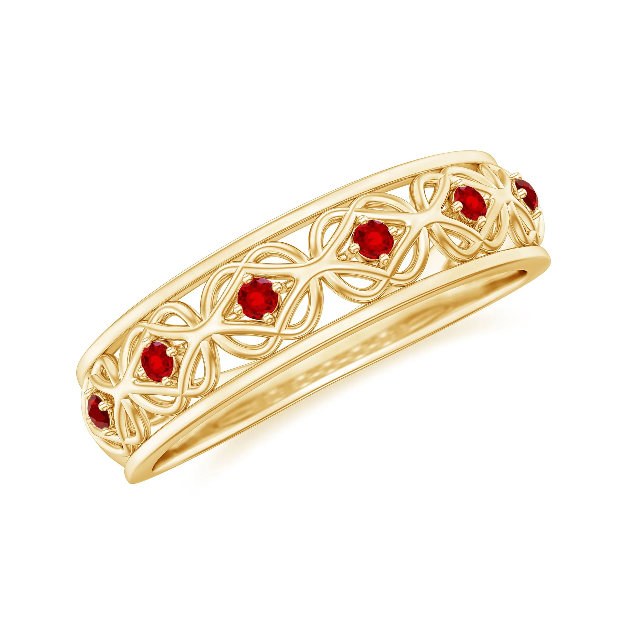 Vintage Style Created Ruby Celtic Knot Eternity Band Ring in Gold