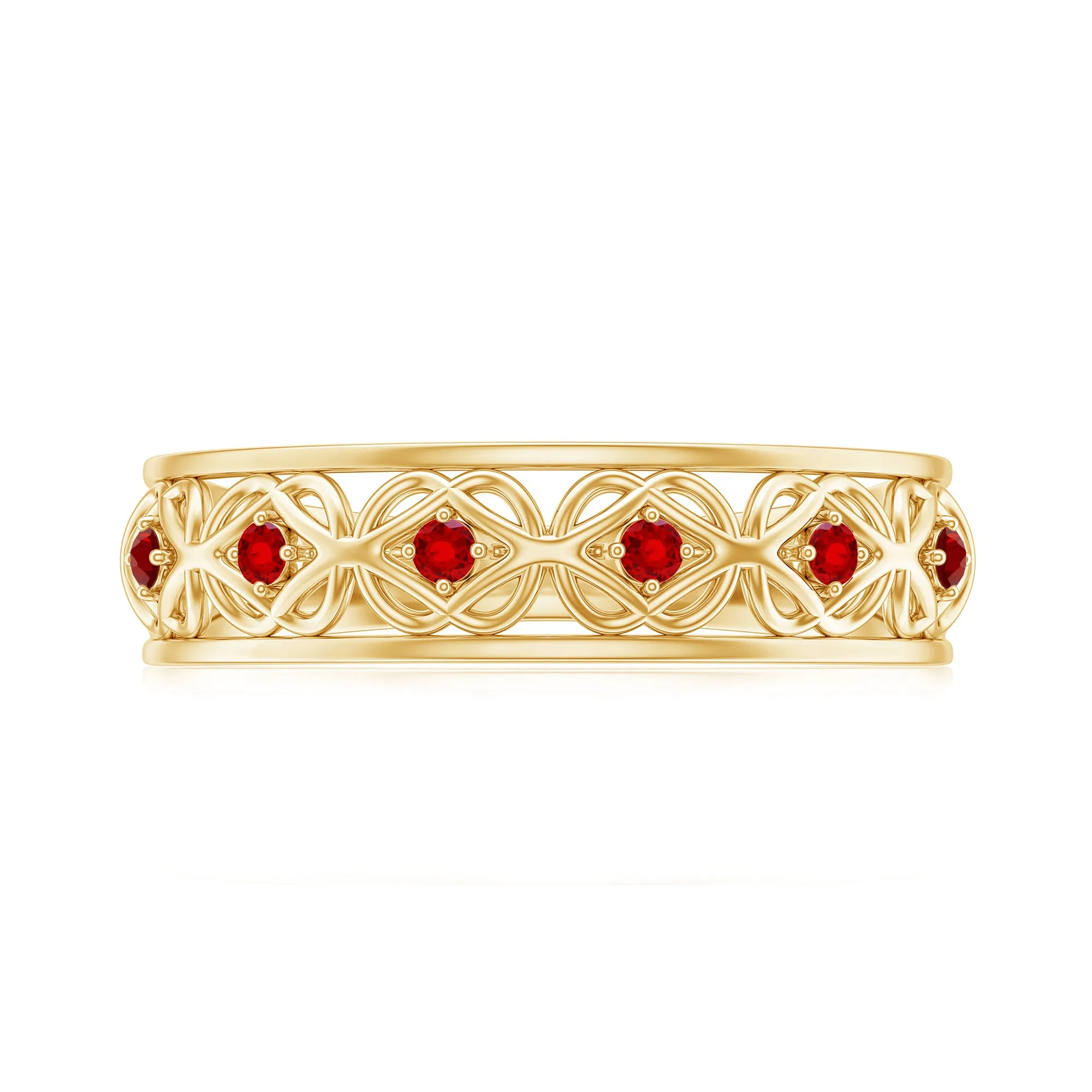 Vintage Style Created Ruby Celtic Knot Eternity Band Ring in Gold