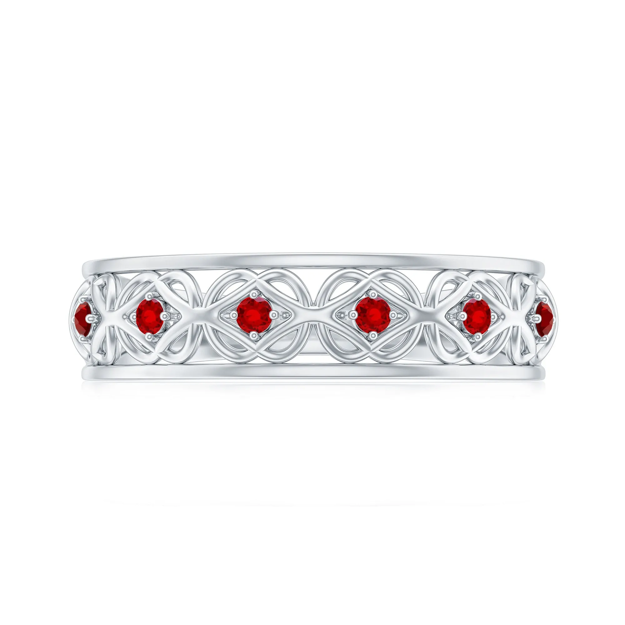 Vintage Style Created Ruby Celtic Knot Eternity Band Ring in Gold