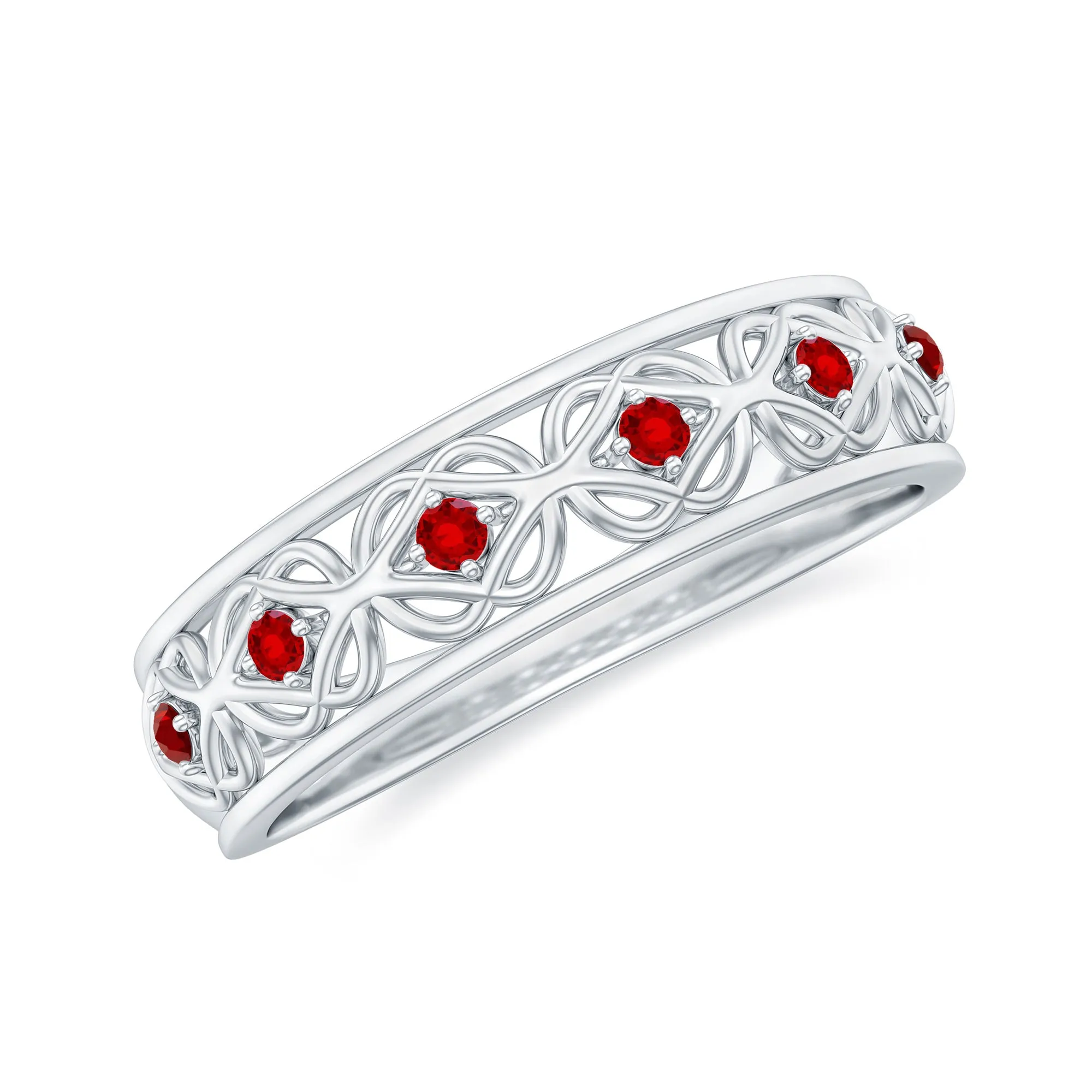 Vintage Style Created Ruby Celtic Knot Eternity Band Ring in Gold