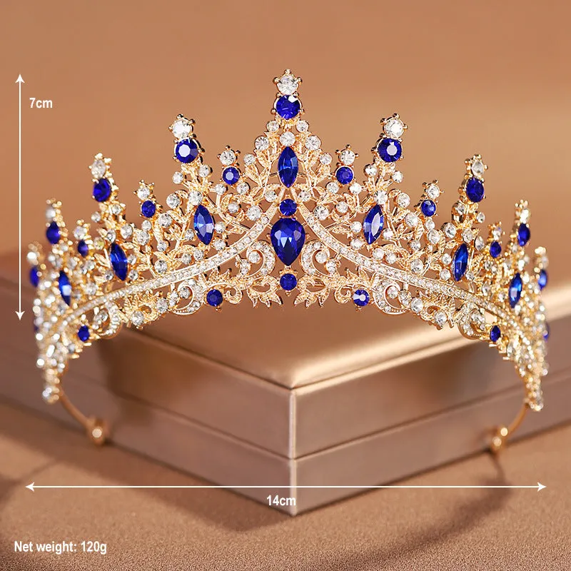 Wedding Bridal Tiara Crown Hair Accessories Blue Diamond Retro Luxury Necklace and EarringsTthree-Piece Set