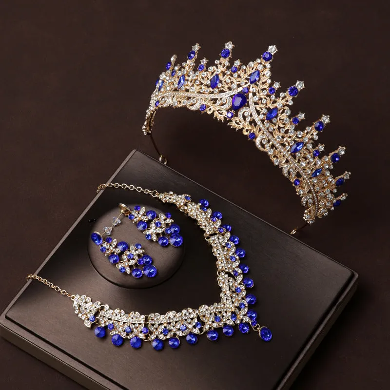 Wedding Bridal Tiara Crown Hair Accessories Blue Diamond Retro Luxury Necklace and EarringsTthree-Piece Set