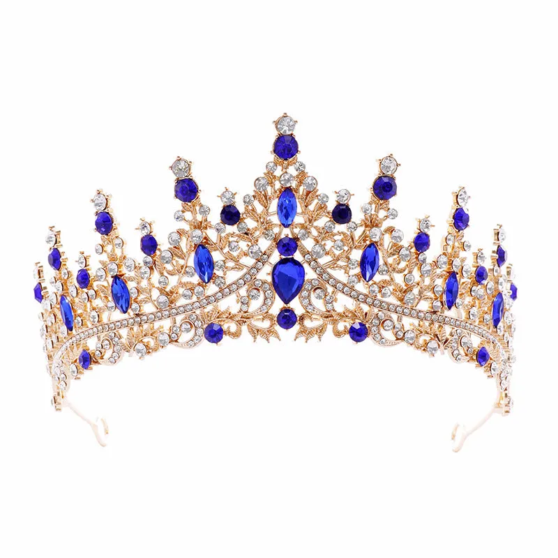 Wedding Bridal Tiara Crown Hair Accessories Blue Diamond Retro Luxury Necklace and EarringsTthree-Piece Set