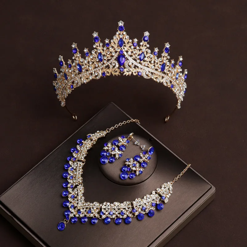 Wedding Bridal Tiara Crown Hair Accessories Blue Diamond Retro Luxury Necklace and EarringsTthree-Piece Set