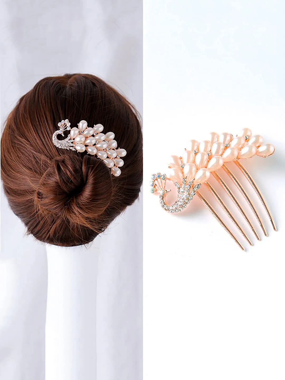 Yellow Chimes Comb Pin for Women Hair Accessories for Women Comb Clips for Hair for Women Rosegold Crystal Hair Pin Peacock Shaped Bridal Hair Accessories for Wedding Side Pin / Comb Pin / Juda Pin Accessories for Women