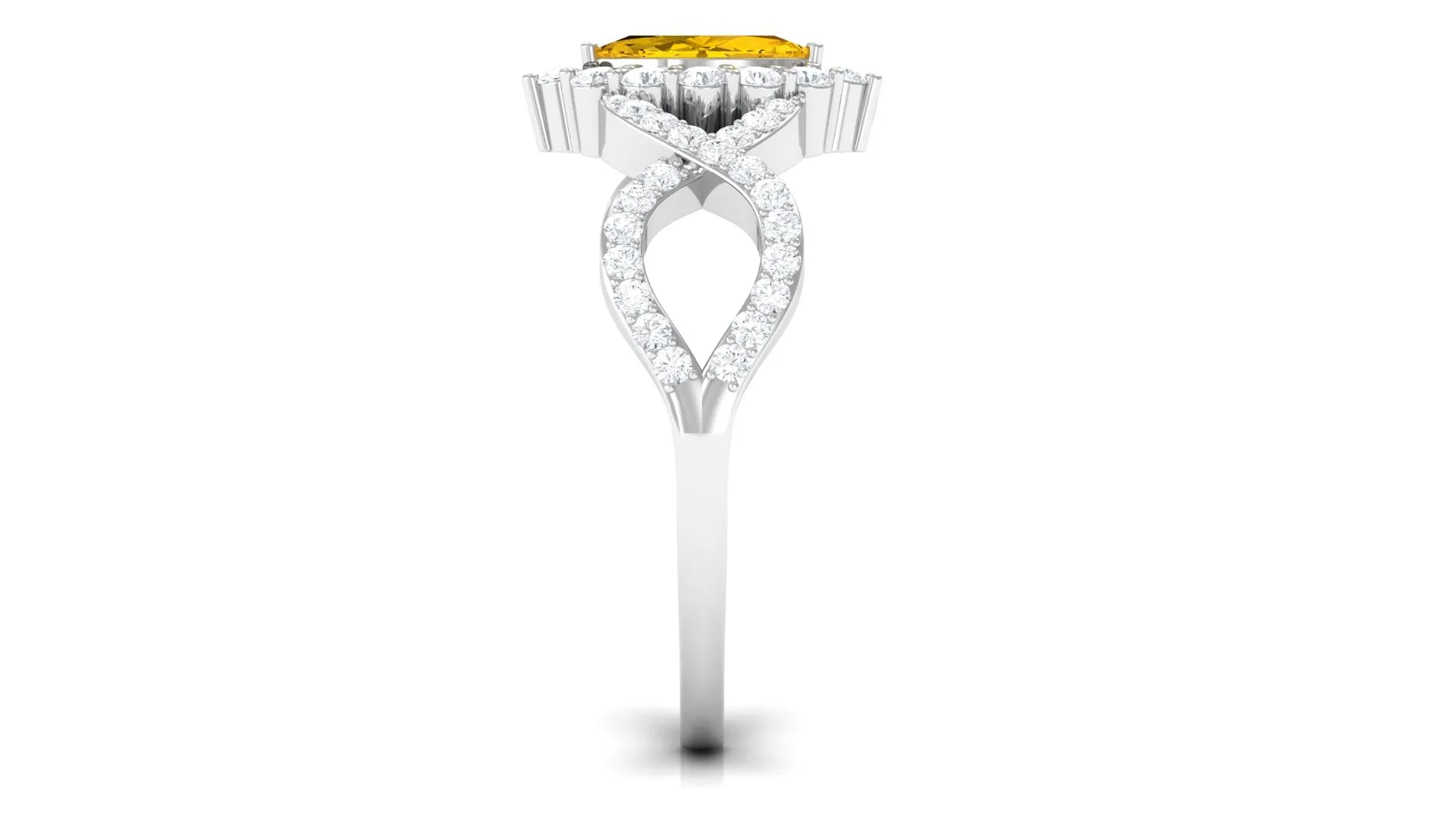 Yellow Sapphire Crossover Engagement Ring with Diamond Halo