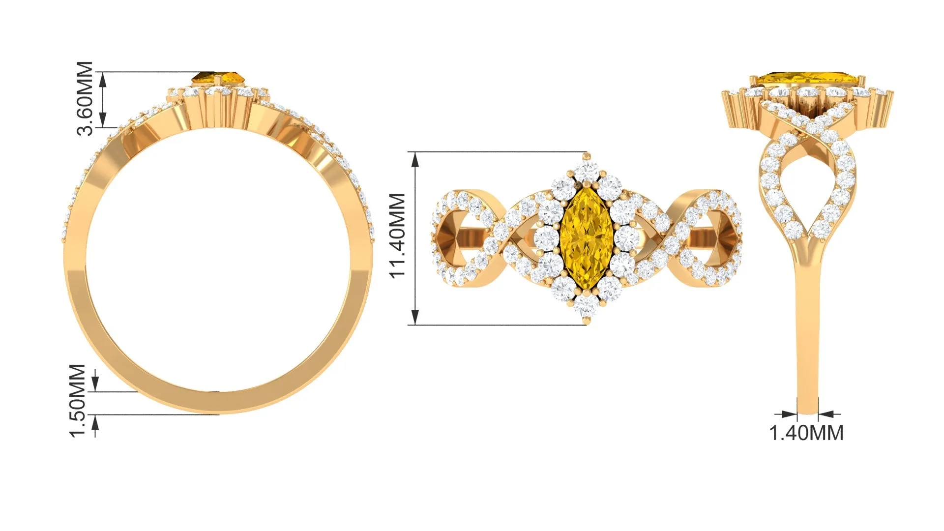 Yellow Sapphire Crossover Engagement Ring with Diamond Halo