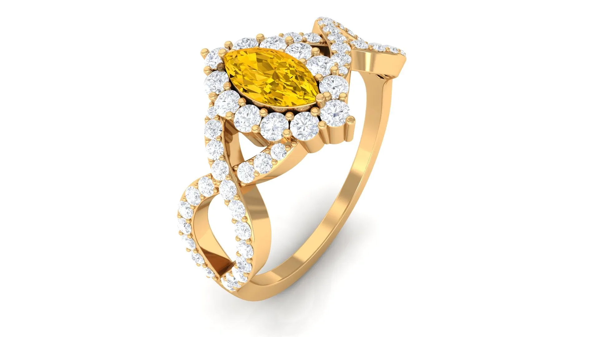 Yellow Sapphire Crossover Engagement Ring with Diamond Halo