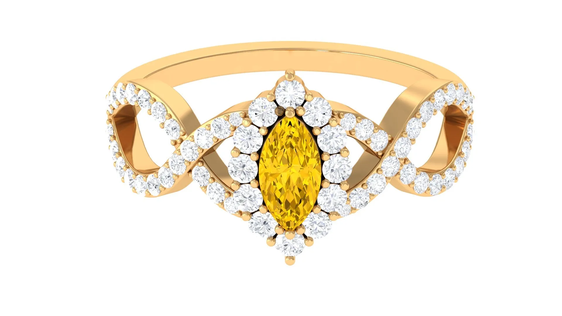 Yellow Sapphire Crossover Engagement Ring with Diamond Halo