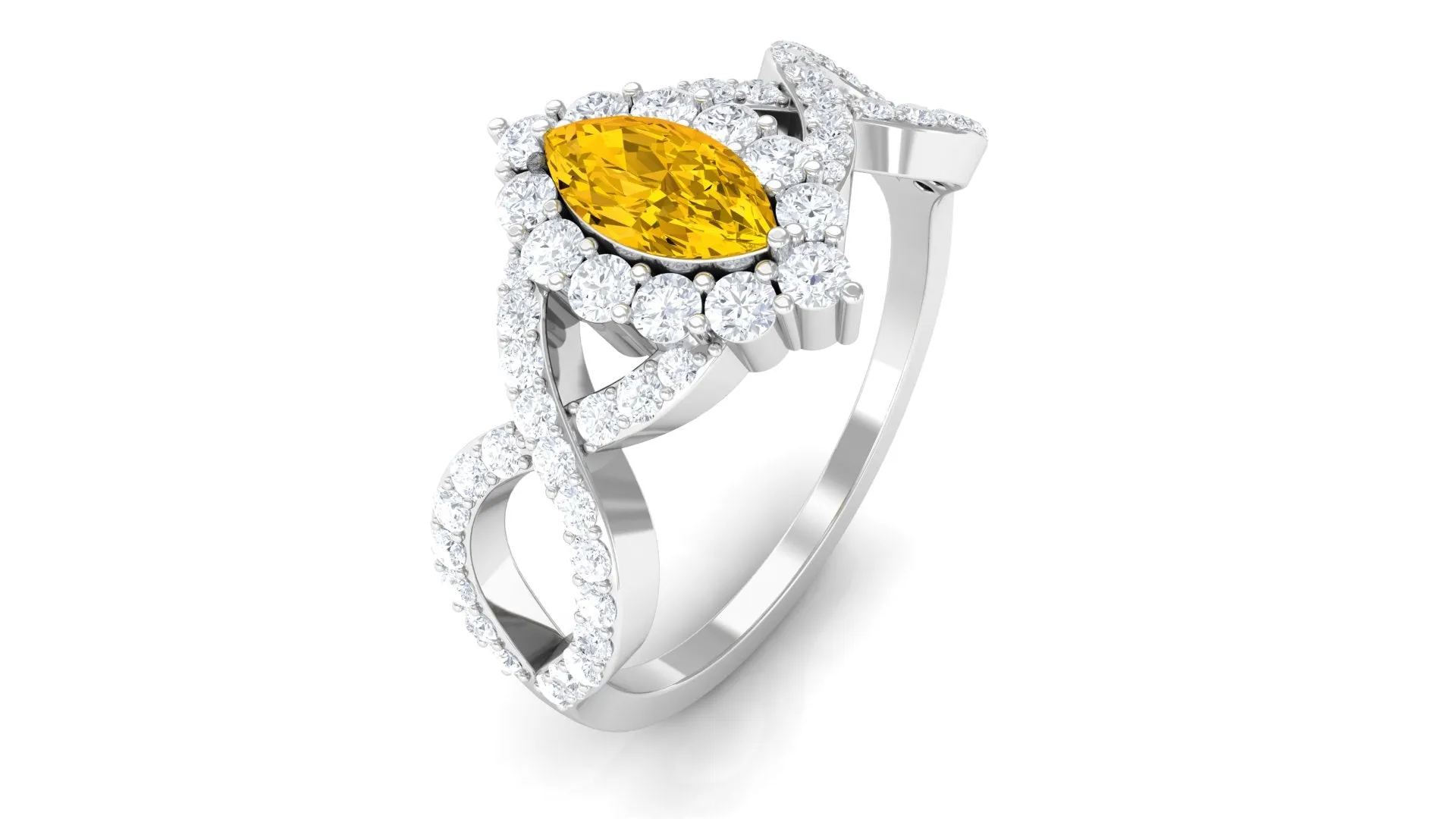 Yellow Sapphire Crossover Engagement Ring with Diamond Halo