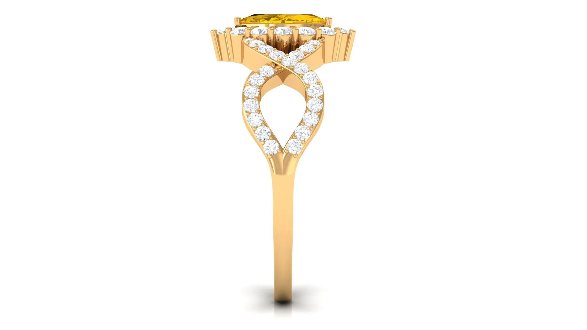 Yellow Sapphire Crossover Engagement Ring with Diamond Halo