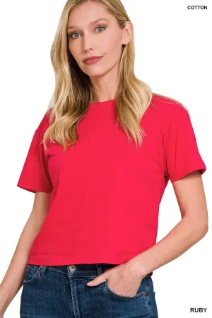 Zoey Short Sleeve Crew Neck Cropped Shirt - RUBY